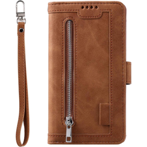 Étui portefeuille pour Samsung S22 PLUS, Retro Matte 9 fentes pour cartes étui à fermeture à glissière béquille en cuir pu avec dragonne Étui folio