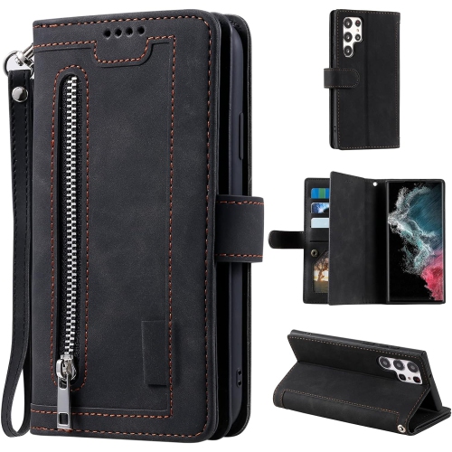 Wallet Case for Samsung S22 ULTRA, Retro Matte 9 Card Holder Slots Zipper Pocket Case PU Leather Magnetic Closure Kickstand with Wrist Strap Folio