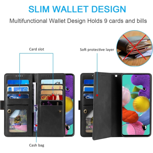 Wallet Case for Samsung S22 ULTRA, Retro Matte 9 Card Holder Slots Zipper Pocket Case PU Leather Magnetic Closure Kickstand with Wrist Strap Folio