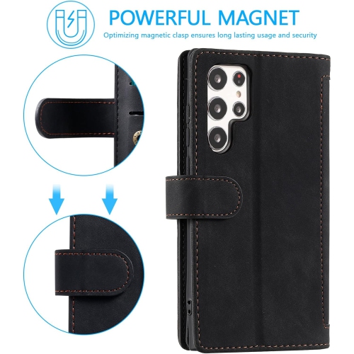 Wallet Case for Samsung S22 ULTRA, Retro Matte 9 Card Holder Slots Zipper Pocket Case PU Leather Magnetic Closure Kickstand with Wrist Strap Folio