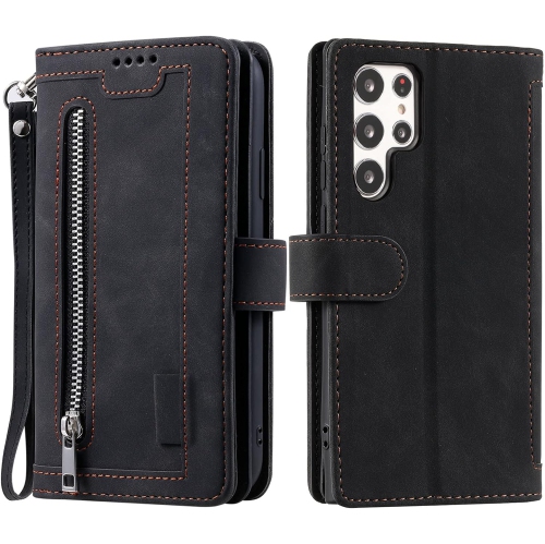 Wallet Case for Samsung S22 ULTRA, Retro Matte 9 Card Holder Slots Zipper Pocket Case PU Leather Magnetic Closure Kickstand with Wrist Strap Folio