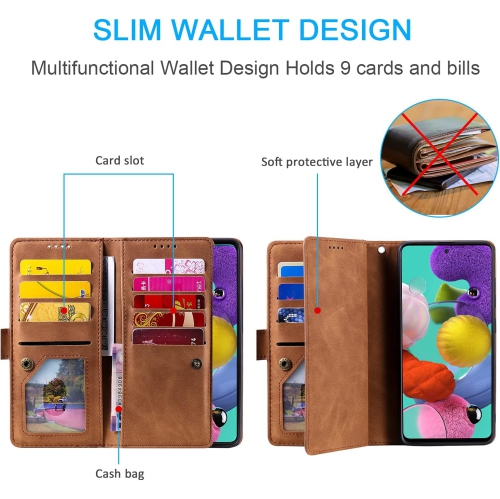 Wallet Case for Samsung S22 ULTRA, Retro Matte 9 Card Holder Slots Zipper Pocket Case PU Leather Magnetic Closure Kickstand with Wrist Strap Folio