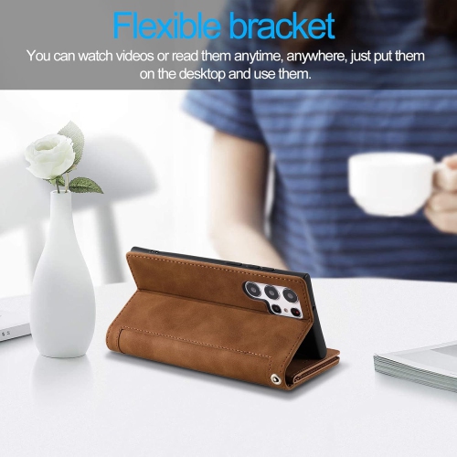 Wallet Case for Samsung S22 ULTRA, Retro Matte 9 Card Holder Slots Zipper Pocket Case PU Leather Magnetic Closure Kickstand with Wrist Strap Folio