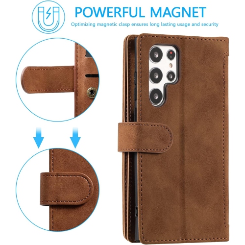 Wallet Case for Samsung S22 ULTRA, Retro Matte 9 Card Holder Slots Zipper Pocket Case PU Leather Magnetic Closure Kickstand with Wrist Strap Folio