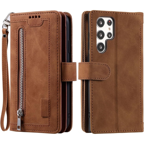 Wallet Case for Samsung S22 ULTRA, Retro Matte 9 Card Holder Slots Zipper Pocket Case PU Leather Magnetic Closure Kickstand with Wrist Strap Folio
