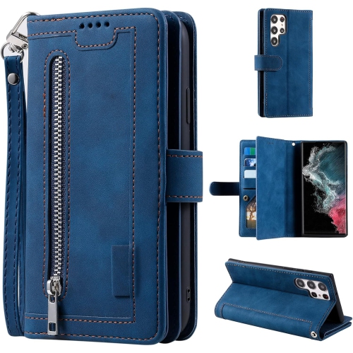 Wallet Case for Samsung S22 ULTRA, Retro Matte 9 Card Holder Slots Zipper Pocket Case PU Leather Magnetic Closure Kickstand with Wrist Strap Folio
