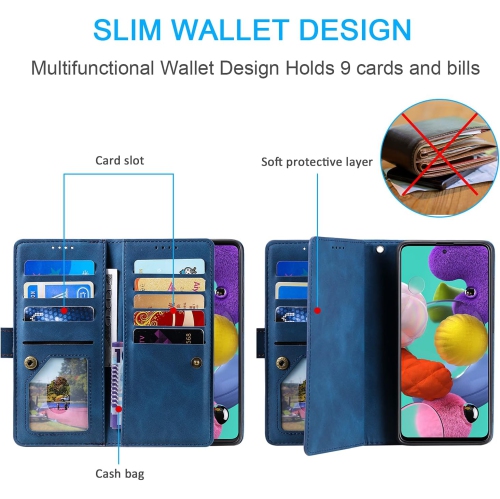 Wallet Case for Samsung S22 ULTRA, Retro Matte 9 Card Holder Slots Zipper Pocket Case PU Leather Magnetic Closure Kickstand with Wrist Strap Folio