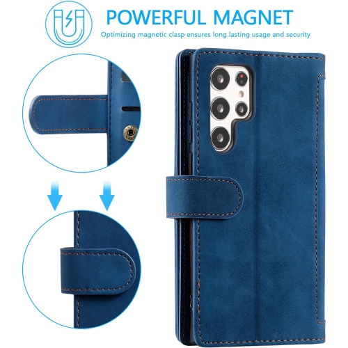 Wallet Case for Samsung S22 ULTRA, Retro Matte 9 Card Holder Slots Zipper Pocket Case PU Leather Magnetic Closure Kickstand with Wrist Strap Folio