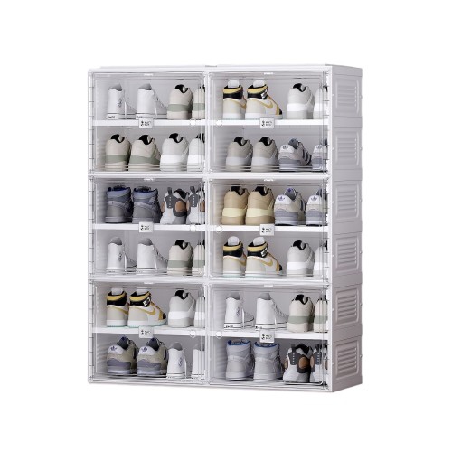 ANTBOX  Portable Shoe Rack Organizer, With Magnetic Door, Folding Design, Clear Plastic Storage Container, 6 Tier 24 Pairs (Clear Front-White Side)