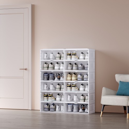 ANTBOX Portable Shoe Rack Organizer, with Magnetic Door, Folding Design, Clear Plastic Storage Container, 6 Tier 24 Pairs