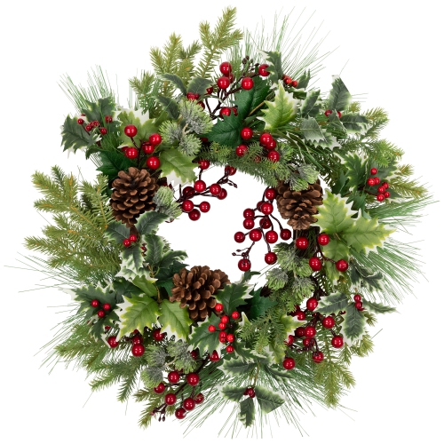 NORTHLIGHT  Holly And Berries, Frosted Thistle And Pine Artificial Christmas Wreath - 24" - Unlit