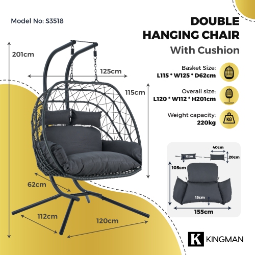 Kingman Outdoor/Indoor Double Porch Swing Egg Chair with Stand