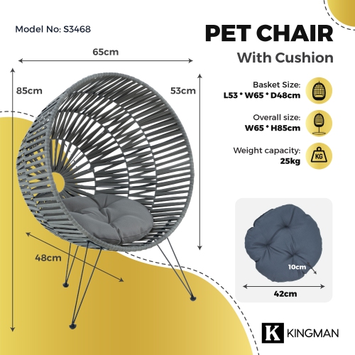 Kingman Handcrafted Pet Chair with Cushion - Grey