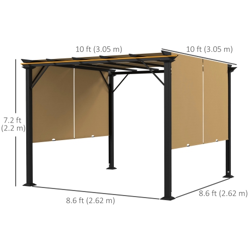 Auvent rétractable pour pergola de 10 x 10 pi, abri de jardin d'extérieur avec auvent et cadre en acier Outsunny, pour cour, jardin, patio, terrasse,
