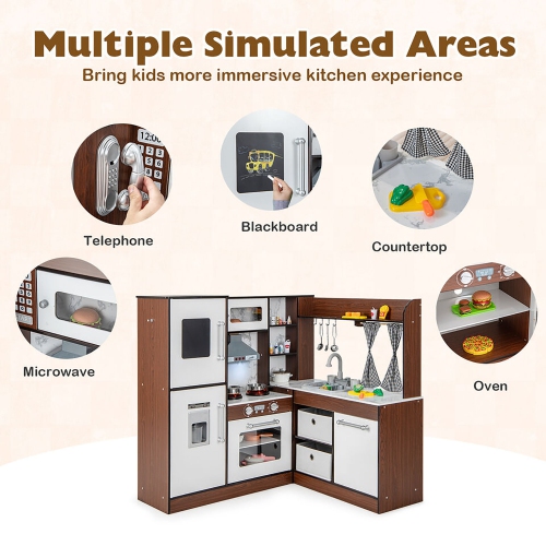 Gymax Wooden Corner Play Kitchen w/ Lights & Sounds Water Circulation System for Kids