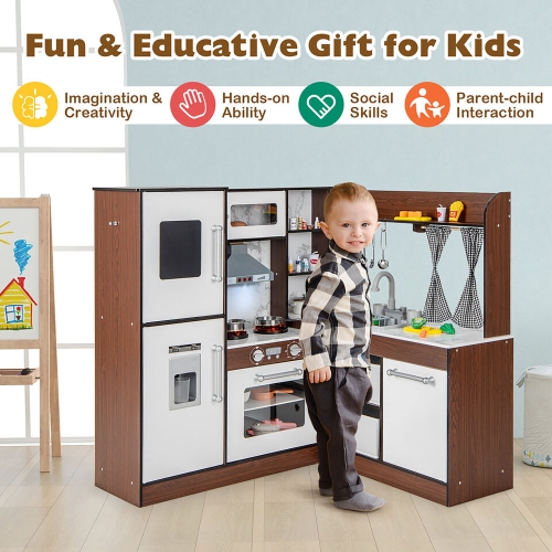 Gymax Wooden Corner Play Kitchen w/ Lights & Sounds Water Circulation System for Kids