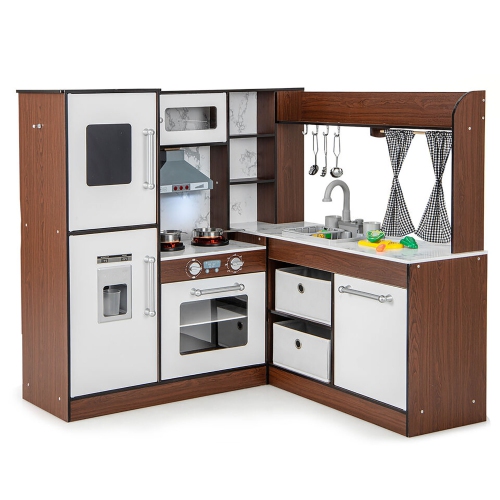 Gymax Wooden Corner Play Kitchen w/ Lights & Sounds Water Circulation System for Kids