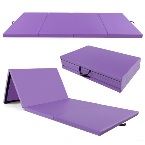 GYMAX  10' X 4' X 2" 4-Panel Folding Exercise Mat W/ Carrying Handles for Gym Yoga In Purple