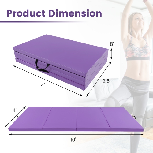 Gymax 10' x 4' x 2'' 4-Panel Folding Exercise Mat w/ Carrying Handles for Gym Yoga Purple