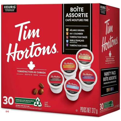 Tim Hortons Variety Pack K-Cup Pods - Original, Dark Roast, Colombian, Bold, French Vanilla - 30 Count