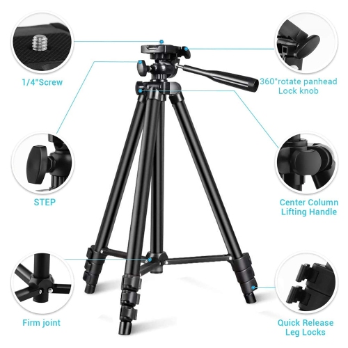 50" Adjustable Travel Video Tripod Stand , Phone Tripod with Cell Phone Mount Holder & Smartphone Bluetooth Remote, Compatible with iPhone/Android