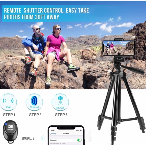 50" Adjustable Travel Video Tripod Stand , Phone Tripod with Cell Phone Mount Holder & Smartphone Bluetooth Remote, Compatible with iPhone/Android