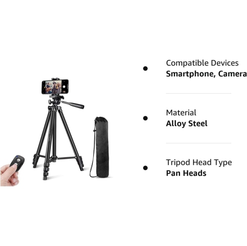 50" Adjustable Travel Video Tripod Stand , Phone Tripod with Cell Phone Mount Holder & Smartphone Bluetooth Remote, Compatible with iPhone/Android