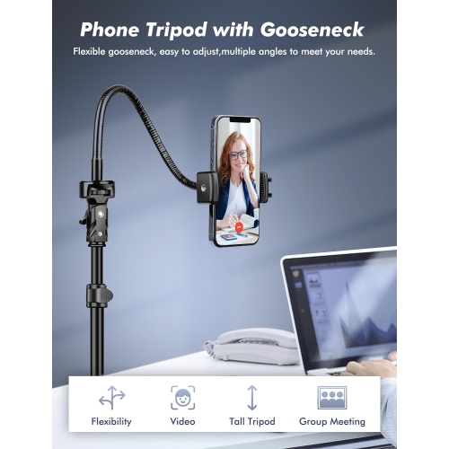 Selfie Stick Tripod, 86.6" Tall Cell ， Phone Tripod Stand with Adjustable Gooseneck Remote Phone Holder, Tripod for Phone Camera Compatible with