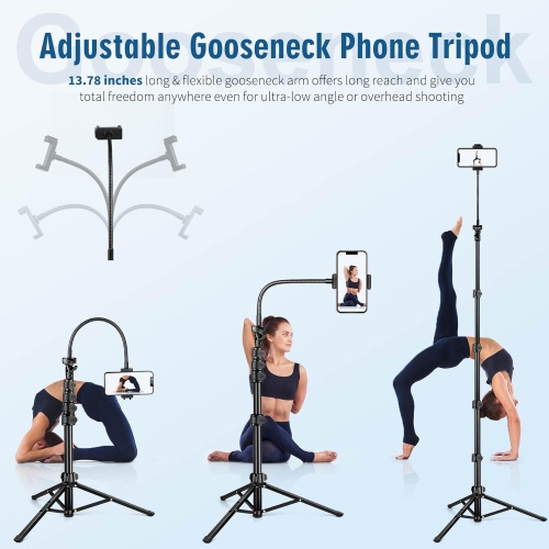 85" Phone Tripod, Selfie Stick Tripod for Video Recording Vlog, Travel Cell Phone Tripod with Gooseneck/Remote/Phone Holder, Compatible with iPhone