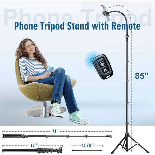 85" Phone Tripod Aluminum Tripod Stand for Video Recording, Travel Cell Phone Tripod with Gooseneck/Remote/Phone Holder, Compatible with iPhone