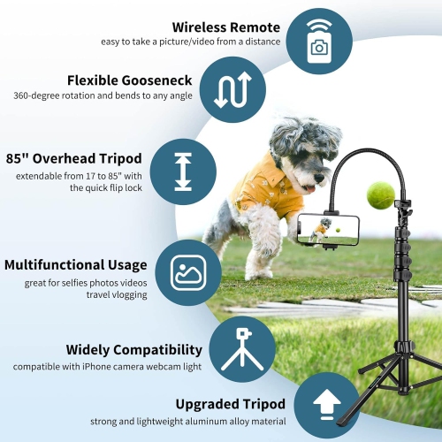 85" Phone Tripod Aluminum Tripod Stand for Video Recording, Travel Cell Phone Tripod with Gooseneck/Remote/Phone Holder, Compatible with iPhone