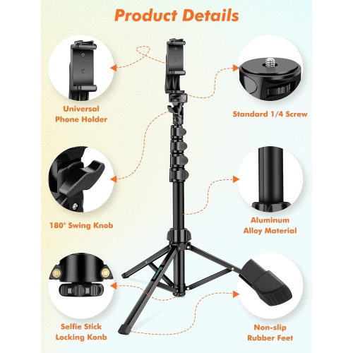 71" Tripod for iPhone, Phone Tripod with Remote, Phone Tripod & Tall Travel Tripod for Recording Selfies Photo, Compatible with iPhone 14 Pro Max 13