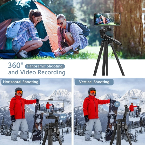 Phone Tripod, 53" Extendable Aluminum Travel Tripod for Phone and Camera with Bluetooth Remote Shutter and Phone Clip, Compatible with iPhone &