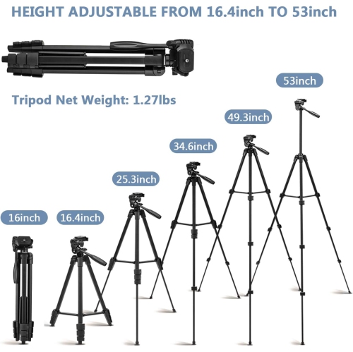 Phone Tripod, 53" Extendable Aluminum Travel Tripod for Phone and Camera with Bluetooth Remote Shutter and Phone Clip, Compatible with iPhone &