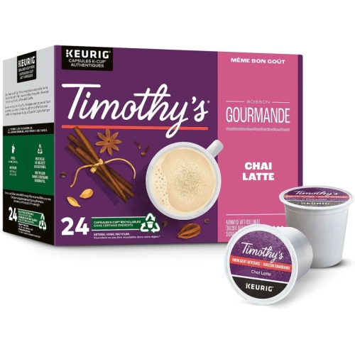 Dosettes K-Cup de café chai latte de Timothy's - Paquet de 24 | pour cafetières Keurig