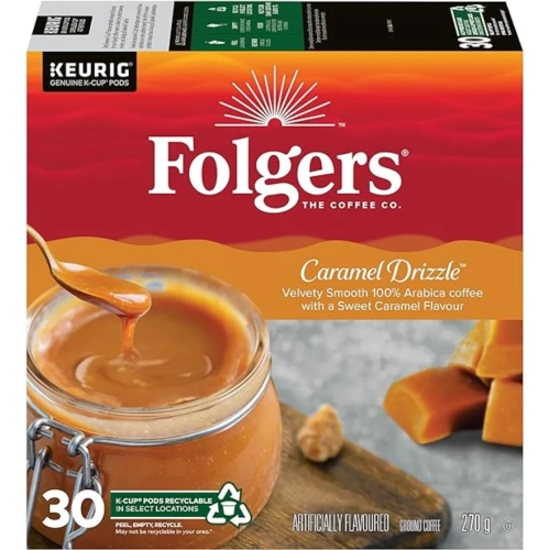 Folgers Caramel Drizzle Flavoured Coffee K-Cup Pods - 30 Count | For Keurig Coffee Makers