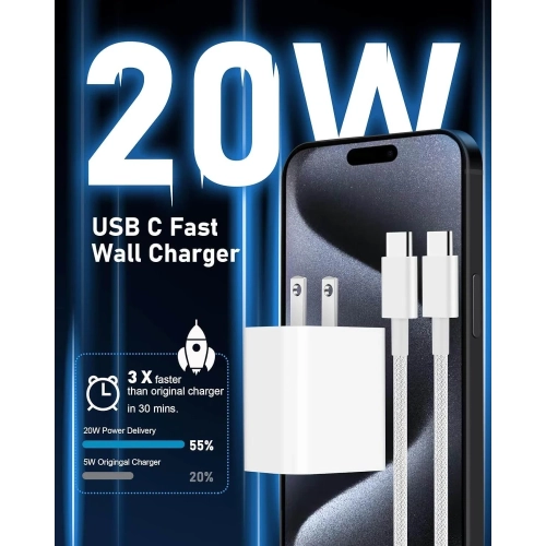 2Pack USB-C Charger for iPhone 15 Pro Max - 20W USB C Fast Charger Block with 6FT and 10FT Long Cable - Compatible with iPhone 16/15/15 Plus/15 Pro