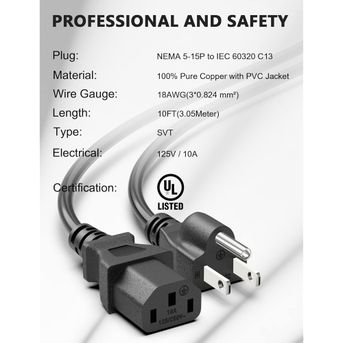 10Ft 18AWG Computer Power Cord: NEMA 5-15P to C13 AC Power Cord for TV, Computer, PC Monitor - Samsung, Dell, Vizio, LG, Asus