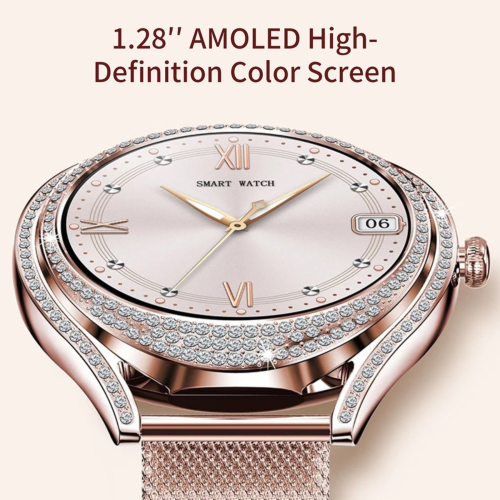 TUTT Classic Smartwatch for Women AMOLED 1.28” | Health & Fitness Tracker | Always On Display | 150 cubic Zirconia | Two Straps V66 Smart Watch