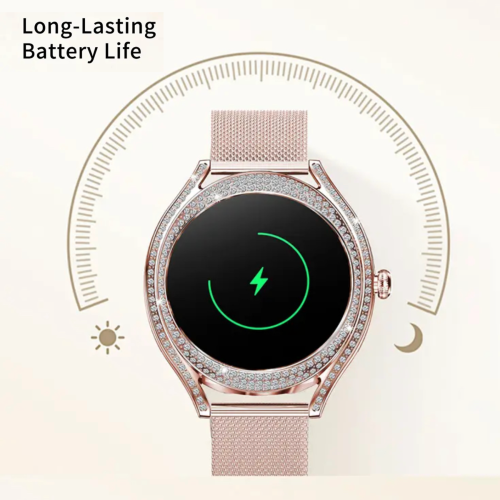 TUTT Classic Smartwatch for Women AMOLED 1.28” | Health & Fitness Tracker | Always On Display | 150 cubic Zirconia | Two Straps V66 Smart Watch