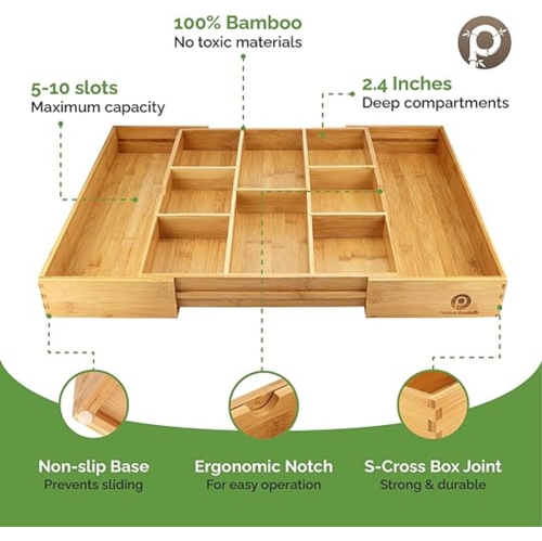 Pristine Bamboo Expandable Drawer Organizers for Kitchen - Extra Deep Non-Slip 17” x 14.6” - Dark Wooden Silverware Divider (10 Compartments) –