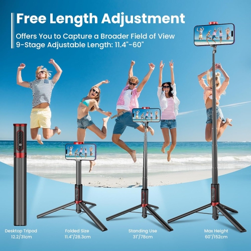 Selfie Stick Tripod, 60'' all in 1 Aluminum Phone Tripod Stand with Remote for iPhone 15/14/Pro Max/13/12 & Samsung Huawei 4''-7'' Smartphones. Stick