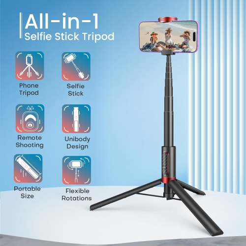 Selfie Stick Tripod, 60'' all in 1 Aluminum Phone Tripod Stand with Remote for iPhone 15/14/Pro Max/13/12 & Samsung Huawei 4''-7'' Smartphones. Stick