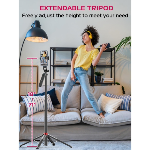 Phone Tripod, 71" Selfie Stick Phone Vlog Tripod Stand Quadrapod with All in 1 Phone Clip, Travel Tripod Phone Holder with Rechargeable Remote for