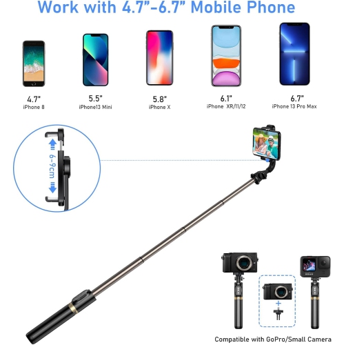 Perche à égoportrait, trépied extensible Bluetooth 4-en-1, trépied stable pivotant à 360° avec télécommande sans fil amovible, pour GoPro, petite