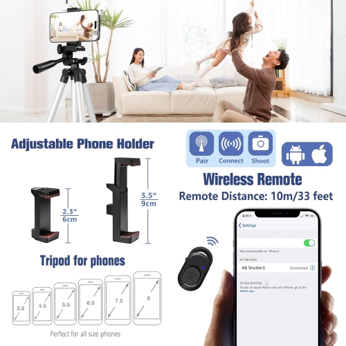 Phone Tripod, 44” iPhone Tripod with Phone Holder Mount/Wireless Remote for Cell Phone/Camera/Webcam/GoPro, Tripod for iOS/Android/Smartphone