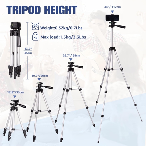 Phone Tripod, 44” iPhone Tripod with Phone Holder Mount/Wireless Remote for Cell Phone/Camera/Webcam/GoPro, Tripod for iOS/Android/Smartphone