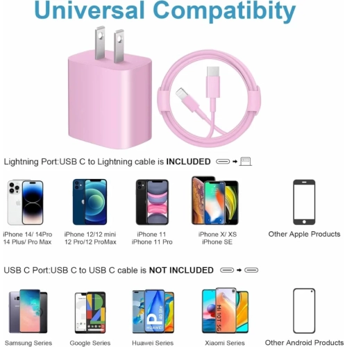 iPhone 14 13 12 11 Fast Charger - Apple MFi Certified 20W PD Pink USB-C Rapid Wall Charger with 6FT Pink Cables - Compatible with iPhone 14/14 Pro/14