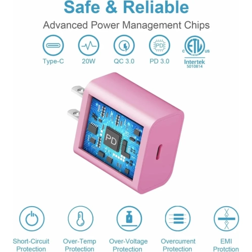 iPhone 14 13 12 11 Fast Charger - Apple MFi Certified 20W PD Pink USB-C Rapid Wall Charger with 6FT Pink Cables - Compatible with iPhone 14/14 Pro/14