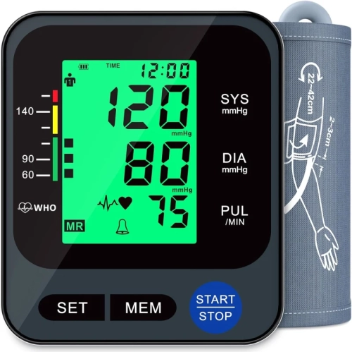 Advanced Home Blood Pressure Monitor: Automatic BP Machine, 3-Color Backlit Display, 2x99 Memory, Large Cuff 22-42cm